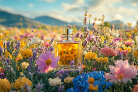 A glass bottle filled with golden liquid stands among vibrant wildflowers under a warm sunset sky. The beautiful landscape creates a tranquil atmosphere, enhancing the scents allure.の素材