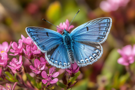 A striking blue butterfly is perched on delicate pink flowers, showing its vibrant wings. The scene captures the essence of spring and the beauty of nature.の素材