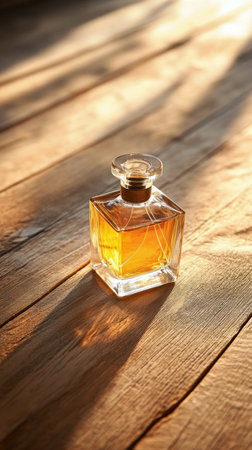 A beautifully crafted perfume bottle rests on a wooden table in a sunlit room. Sun rays create soft shadows, highlighting the amber liquid and a nearby flower arrangement.の素材