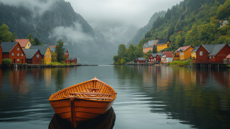 Vibrant wooden houses reflect on calm waters in a serene village. A small blue boat floats nearby, surrounded by lush greenery and gentle morning light.の素材