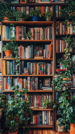 A beautifully organized bookshelf filled with various books and vibrant green plants. The foliage cascades down the shelves, creating a serene, inviting atmosphere in a warm room.の素材