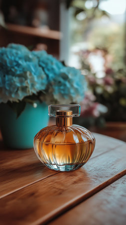A glass stylish perfume bottle filled with amber liquid rests on a rustic wooden surface, illuminated by soft, warm light creating gentle shadows.の素材