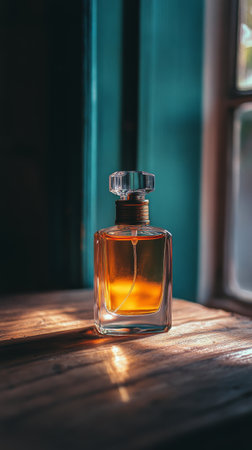 A glass stylish perfume bottle filled with amber liquid rests on a rustic wooden surface, illuminated by soft, warm light creating gentle shadows.の素材