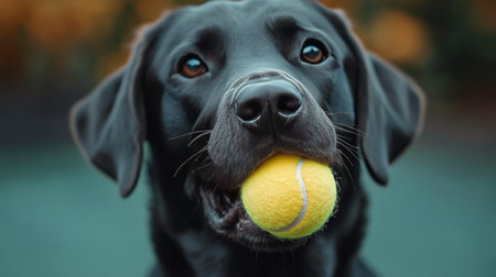 A joyful black dog holds a bright yellow tennis ball in its mouth while playing in a park filled with autumn leaves. The sunlight enhances the dogs cheerful expression.の素材