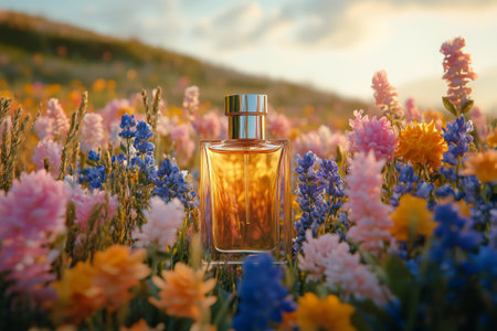 A glass bottle filled with golden liquid stands among vibrant wildflowers under a warm sunset sky. The beautiful landscape creates a tranquil atmosphere, enhancing the scents allure.の素材