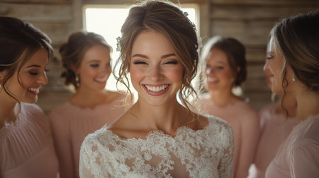 Three women with beautiful hair and radiant smiles stand close to each other, enjoying a joyful moment in soft, warm light.の素材
