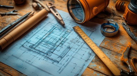 Blueprints are spread out on a wooden surface, surrounded by drafting tools like scissors, pencils, and rolls of paper. The workspace showcases meticulous planning for a construction project.の素材