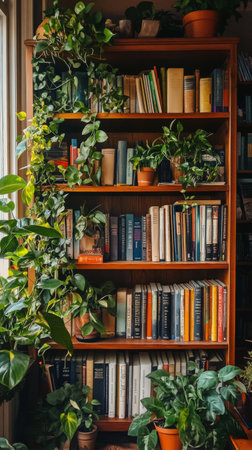 A beautifully organized bookshelf filled with various books and vibrant green plants. The foliage cascades down the shelves, creating a serene, inviting atmosphere in a warm room.の素材