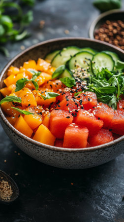 This vibrant fruit bowl features juicy watermelon, sweet mango, fresh cucumber slices, and green herbs, showing a colorful and healthy arrangement on a dark surface.の素材