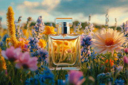A glass bottle filled with golden liquid stands among vibrant wildflowers under a warm sunset sky. The beautiful landscape creates a tranquil atmosphere, enhancing the scents allure.の素材