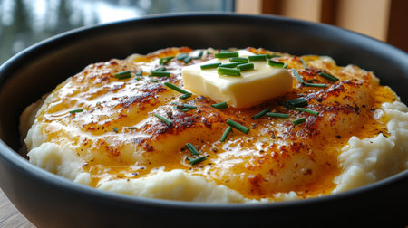 A bowl of creamy mashed potatoes garnished with a pat of butter and fresh chives sits against a natural light background, showing comfort food at its best.の素材