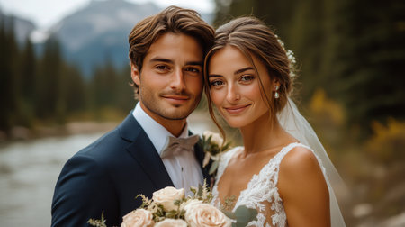 A couple stands on a rocky ledge in an outdoor wedding ceremony, surrounded by mountains and lush greenery. The bride holds a beautiful bouquet of flowers while the groom gazes lovingly.の素材