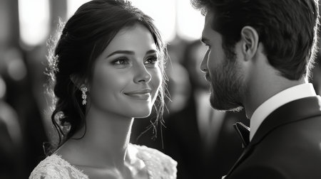 A couple gazes at each other lovingly amid a crowded wedding ceremony. The bride, dressed in a stunning gown, radiates happiness as they share a special moment together.の素材