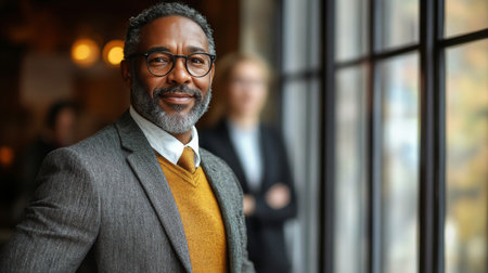A man with gray facial hair and glasses stands confidently in a tailored suit and sweater. Natural light streams through the window, casting a warm glow in the modern office.の素材