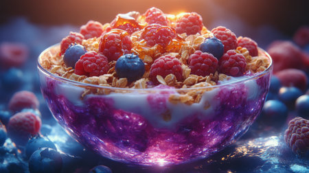 A delightful bowl filled with creamy yogurt topped with ripe raspberries and blackberries, drizzled with honey. This sweet treat invites a moment of enjoyment in a relaxed cafe setting.の素材