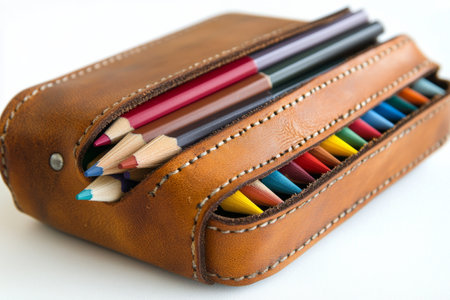 Vibrant colored pencils are organized within a brown leather case, resting on a textured wooden surface. The array of colors showcases a range of artistic possibilities.の素材