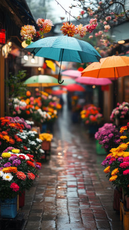 A lively street adorned with colorful umbrellas amidst blooming flowers. The rain creates a reflective sheen on the cobblestone pavement as visitors stroll through the scene.の素材