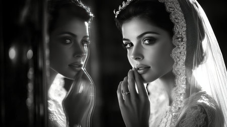 A bride gracefully wears an intricately designed veil, illuminated by soft lighting. The serene ambiance enhances the elegance of her wedding attire as guests watch her with admiration.の素材