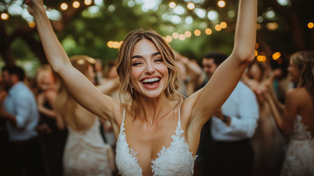 A smiling couple enjoys their wedding reception, surrounded by soft string lights and guests. The festive atmosphere highlights their happiness and love.の素材
