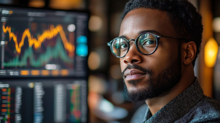 A young man with glasses analyzes stock market data on multiple screens, surrounded by a stylish workspace. Colorful graphs indicate current market activity.の素材