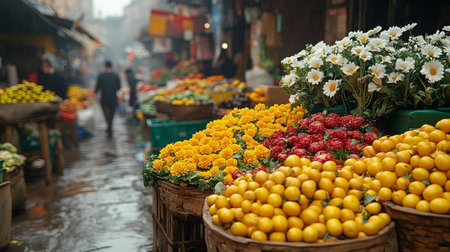 Vibrant flowers in shades of pink and yellow are showcased in wooden crates at a bustling street market. People stroll by under umbrellas as the rain gently falls.の素材
