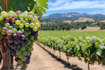 Clusters of ripe grapes hang from a vine in a lush vineyard. In the background, rolling hills and a clear blue sky create a serene agricultural setting during late summer.の素材