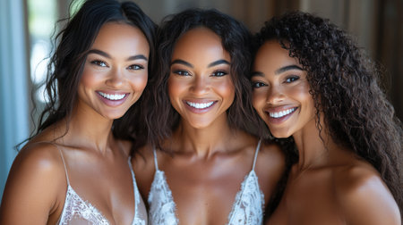 Three women with beautiful hair and radiant smiles stand close to each other, enjoying a joyful moment in soft, warm light.の素材
