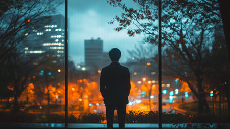 A man with gray facial hair and glasses stands confidently in a tailored suit and sweater. Natural light streams through the window, casting a warm glow in the modern office.の素材