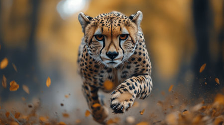 A cheetah runs swiftly through a wooded area, surrounded by golden leaves. The animals powerful form is highlighted against the blurred background, capturing natures beauty in action.の素材