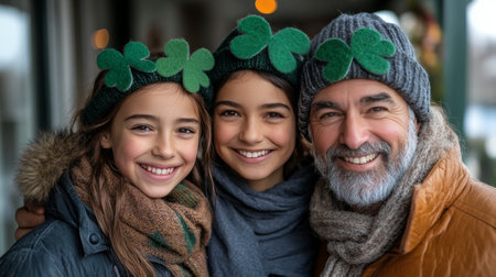 A joyful family poses together, wearing green hats adorned with shamrocks, smiling in a warm, inviting indoor space decorated for St Patricks Day, creating memorable moments.の素材