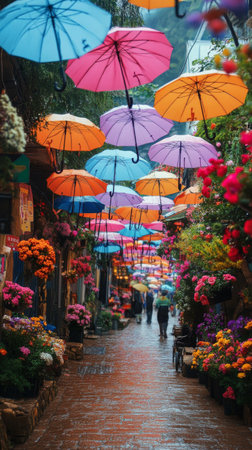 A lively street adorned with colorful umbrellas amidst blooming flowers. The rain creates a reflective sheen on the cobblestone pavement as visitors stroll through the scene.の素材