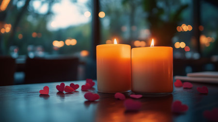 A beautifully arranged table for two is set up on the beach, featuring wine glasses, a candle, and rose petals as the sun sets over the ocean, creating a romantic atmosphere.の素材