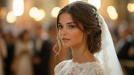 A bride stands gracefully, wearing a stunning white wedding dress and a delicate veil. The background features soft lighting and blurred wedding guests celebrating.の素材