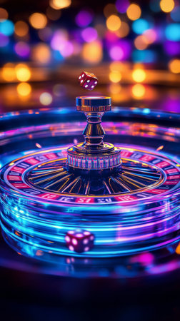 A roulette wheel spins amidst a backdrop of colorful lights, with dice soaring through the air. The atmosphere buzzes with excitement in a lively casino environment.の素材