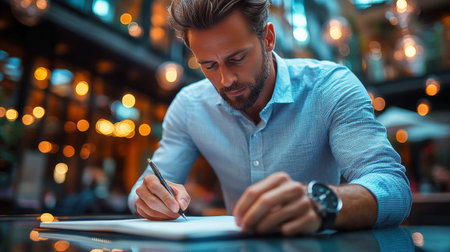 A man is focused on writing in a notepad at a charming caf filled with warm ambient light. The peaceful atmosphere creates a perfect setting for creativity and reflection.の素材