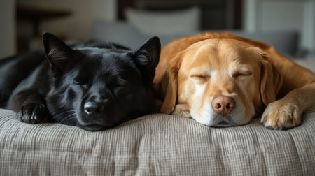 Two dogs, one black and one golden, are peacefully sleeping side by side on a soft gray blanket. The warm atmosphere suggests a relaxing moment indoors.の素材