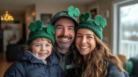 A joyful family poses together, wearing green hats adorned with shamrocks, smiling in a warm, inviting indoor space decorated for St Patricks Day, creating memorable moments.の素材