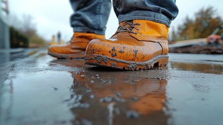 Heavy-duty work boots stand in a muddy puddle at a construction site, showing the difficult conditions. Workers can be seen in the background under overcast skies.の素材