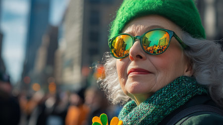 A woman wears a vibrant green hat adorned with shamrocks, celebrating St Patricks Day. She stands in a lively crowd, radiating joy and festivity.の素材