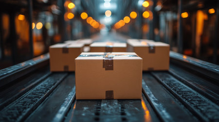 Brown cardboard boxes are neatly stacked in the back of a delivery truck. Warm lights glow softly against the chilly evening backdrop of a city street.の素材