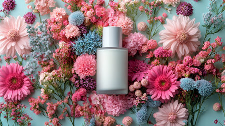 A white perfume bottle is centrally placed among a vibrant array of pink, blue, and white flowers. The floral display creates a soft and inviting atmosphere.の素材