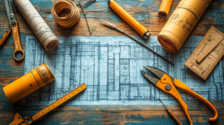 Blueprints are spread out on a wooden surface, surrounded by drafting tools like scissors, pencils, and rolls of paper. The workspace showcases meticulous planning for a construction project.の素材