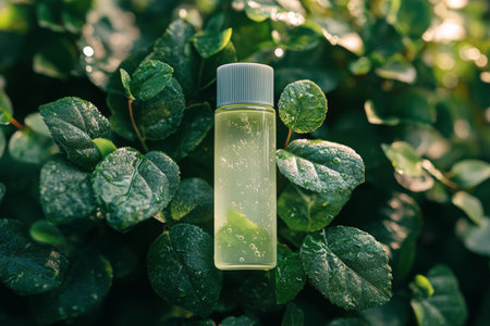 A small bottle filled with a clear liquid is placed on vibrant green leaves. The background features droplets of water, creating a fresh and natural atmosphere.の素材
