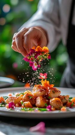 A chef skillfully adds a vibrant touch to a beautifully plated dish using fresh herbs and colorful edible flowers. The setting highlights gourmet dining aesthetics and creativity.の素材
