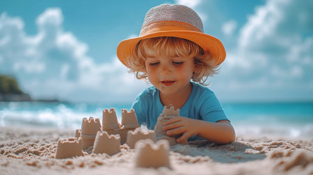 A young child is focused on creating sandcastles on the beach. The sun shines brightly in the blue sky, providing a perfect summer day near the ocean.の素材