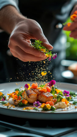 A chef skillfully adds a vibrant touch to a beautifully plated dish using fresh herbs and colorful edible flowers. The setting highlights gourmet dining aesthetics and creativity.の素材