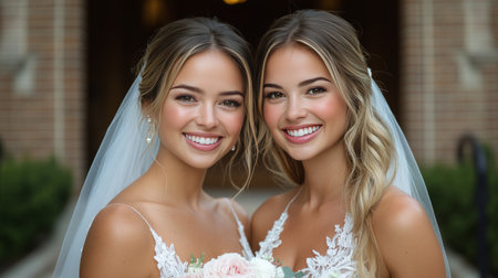 Two brides stand close together, radiating happiness as they pose in their elegant wedding attire. The setting is picturesque, with a soft-focus background enhancing their joyful expressions.の素材