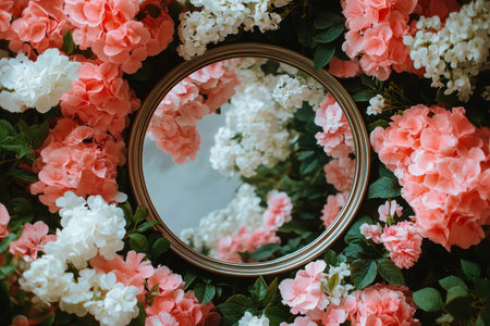 A circular mirror is surrounded by an abundance of pink flowers, creating a vibrant and serene setting. The blossoms showcase various shades of pink, enhancing the beauty of the arrangement.の素材