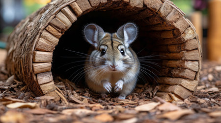 A small, fluffy animal peeks out from a rustic wooden tunnel amidst vibrant autumn leaves. It has a curious expression as it surveys its surroundings in the forest.の素材