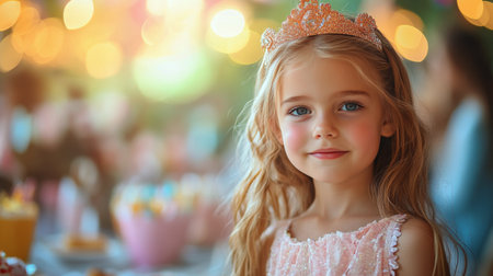 A young girl with radiant blue eyes and flowing curly hair wears an elegant outfit adorned with delicate details. The background features soft pastel colors and blurred decorations.の素材